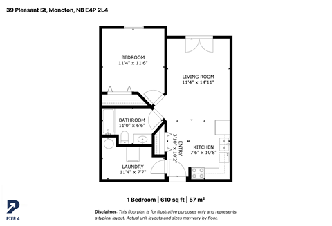 Floor plan for 1 bed, 1 bath, 610 sqft